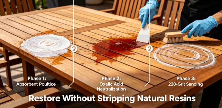 How to remove deep grease stains, wine spills, or water spots from untreated teak tables? How to remove deep grease stains, wine spills, or water spots from untreated teak tables?