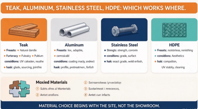 Teak, Aluminum, Stainless Steel And HDPE: Which Works Where? Teak, Aluminum, Stainless Steel And HDPE: Which Works Where?