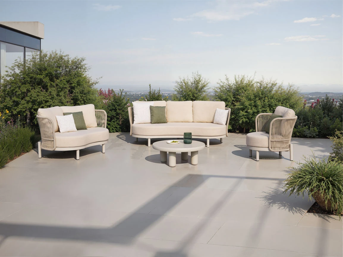 Modern Curved Outdoor Sofa Set: UV-Resistant Wicker & Concrete Table, Perfect For Poolside, Rooftop, And Indoor Lounging